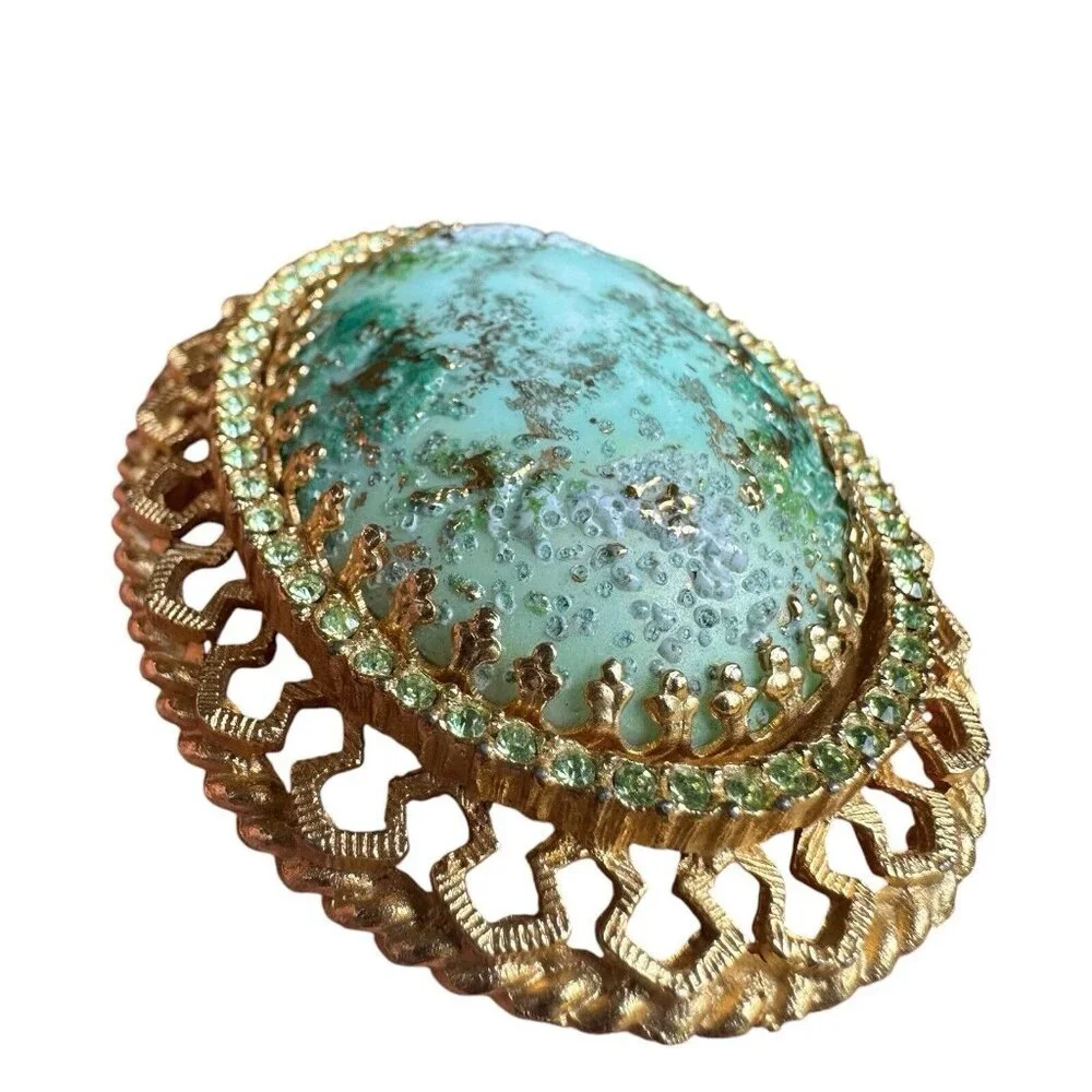 VTG DeNicola‎ Statement Brooch 2.25 Inch Green Easter Egg Cab Rhinestones Gold